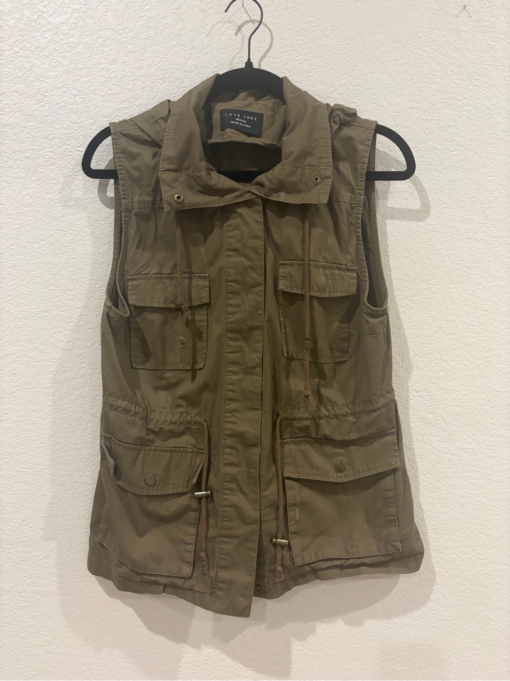 Love Tree Olive Green Hooded Utility Cargo Vest Medium